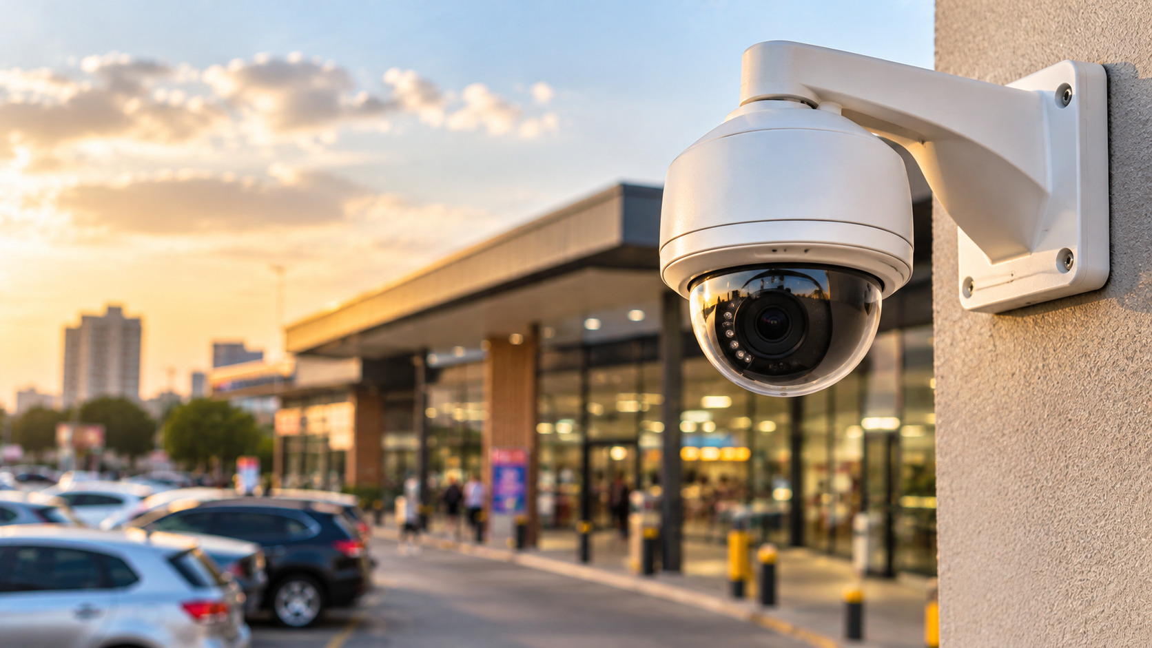 White dome CCTV camera mounted outside a shopping centre