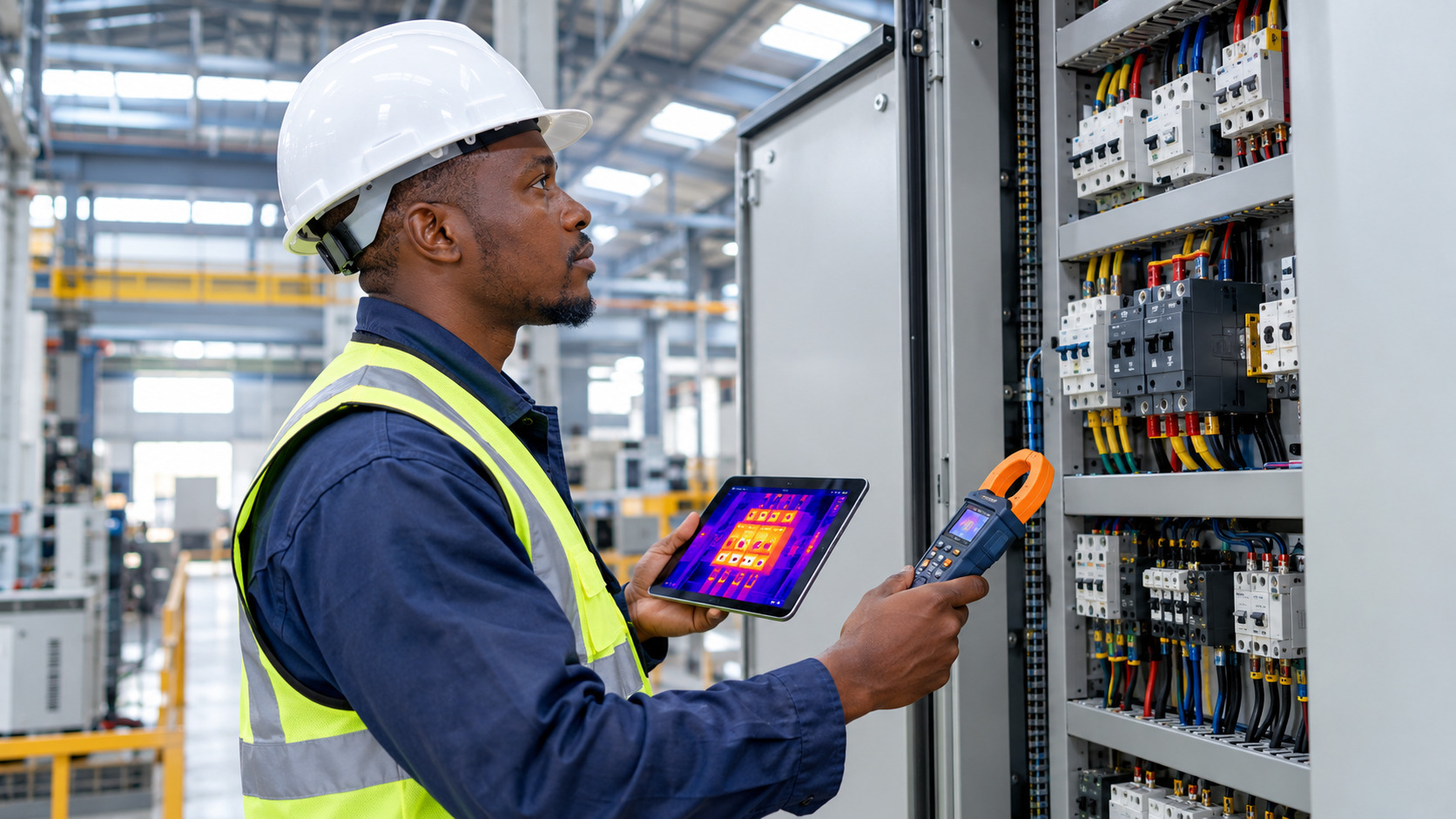 Engineer with a clamp meter and thermal imaging tablet inspecting an electrical panel